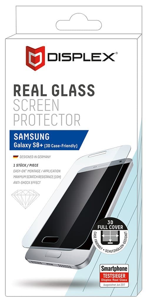 Калено стъклено защитно покритие за дисплея на Samsung Galaxy S8 Plus - Displex Real Glass 10H Protector 3D Case Friendly (черен-прозрачен)