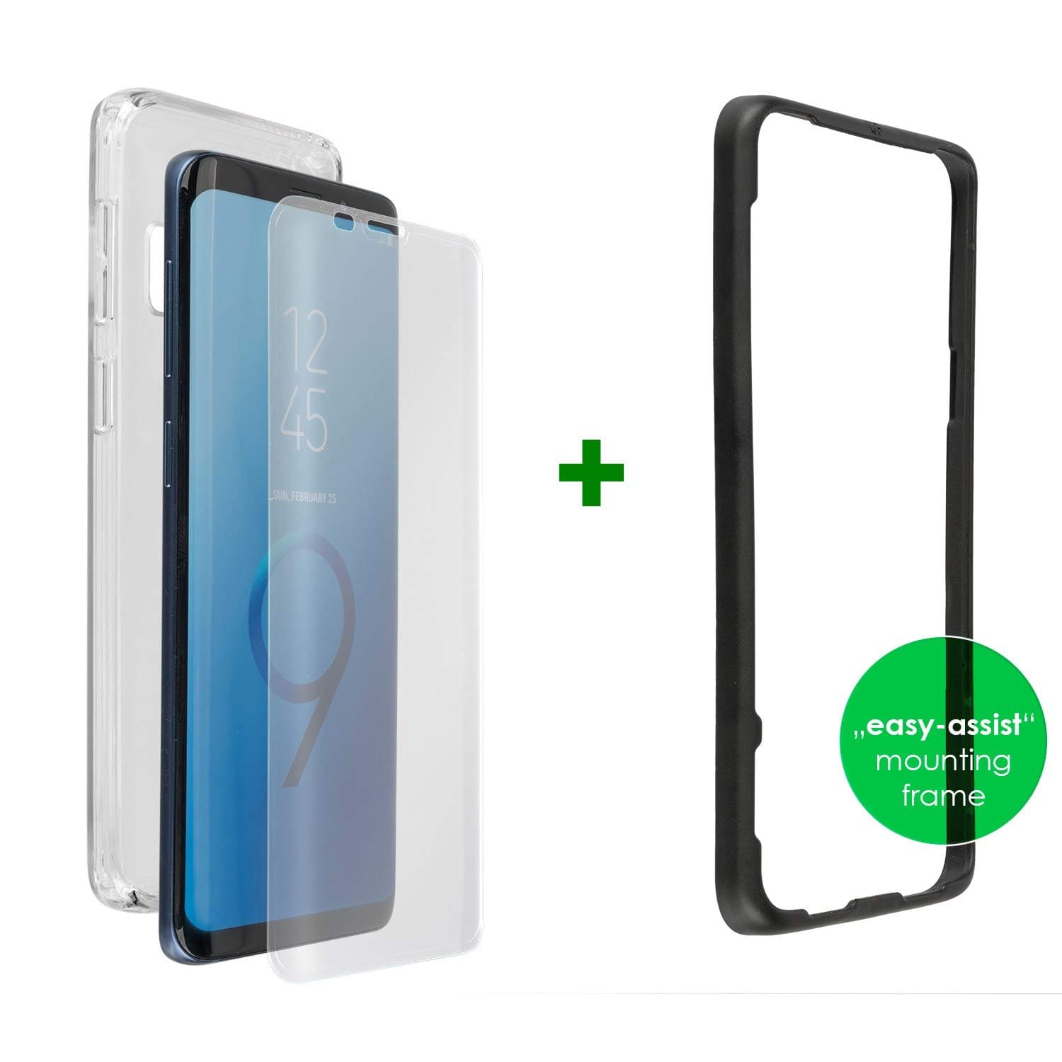 Хибриден кейс и стъклено покритие за Samsung Galaxy S9 Plus (с рамка за поставяне) - 4smarts 360° Premium Protection Set Easy-Assist (прозрачен)