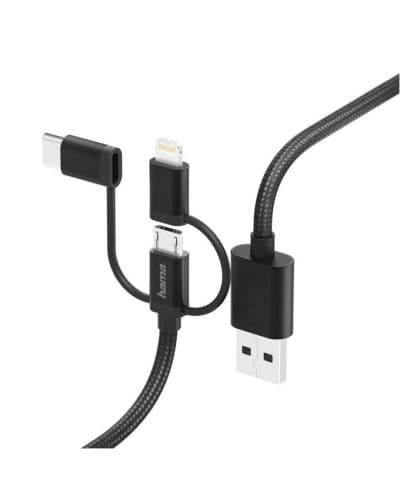 Кабел Hama - 3 в 1, USB-A/Micro USB/Lightning/USB-C, 1.5 m, черен